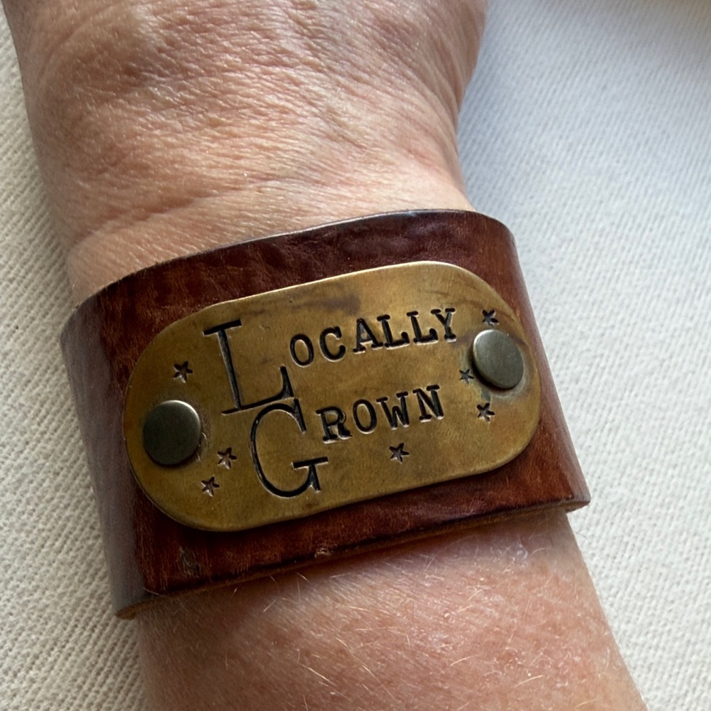 “Locally Grown” (Vegetarian) Brown Leather Cuff Brass Plate by JUNK GIRLS